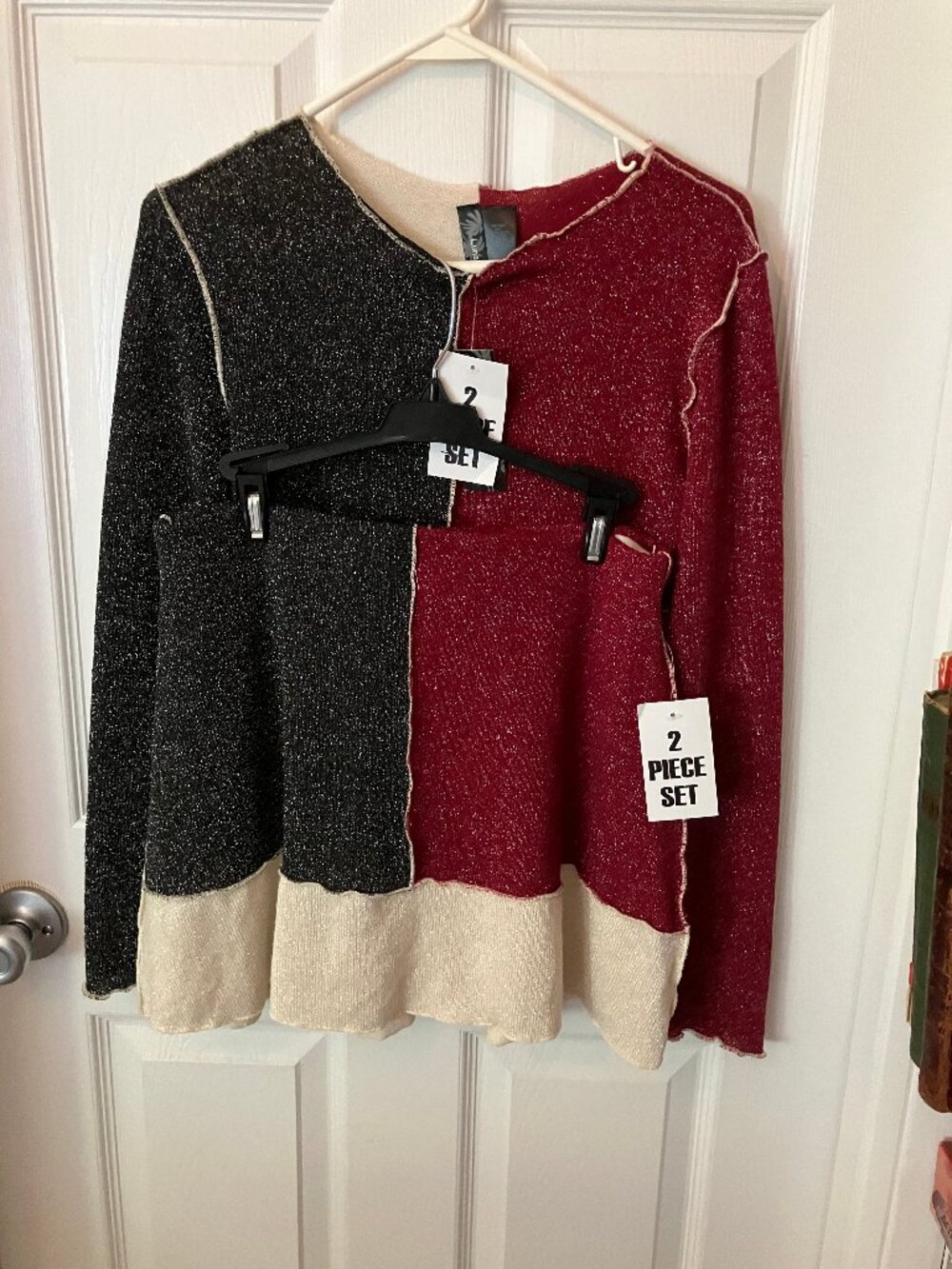 LUNA CHIX Teen 2 Piece Set Sweater/Skirt Sparkly Clrblock Black/Red/White Sz XL
